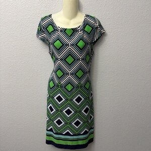Jessica Howard Green and Black Geometric Diamond Print Cap Sleeve Shift Dress